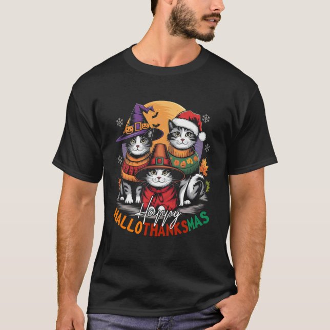 Camiseta Feliz HalloAgradecimentoMas Halloween, Natal, Dia  (Frente)