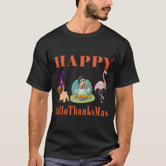 Camiseta Feliz HalloGraçasMas Pug Bruxa Torta de Peru Flami
