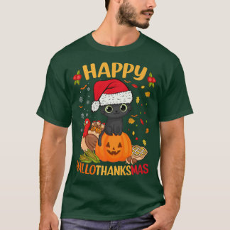 Camiseta Feliz HalloObrigadoMas Black Cat Santa Hat Holiday