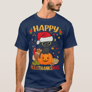 Camiseta Feliz HalloObrigadoMas Black Cat Santa Hat Holiday
