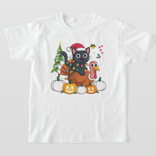 Camiseta Feliz HalloObrigadoMas Gato Negro Pumpkins Turco (Postura )
