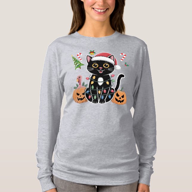 Camiseta Feliz Hallothanksmas Black Cat Halloween Pumpkins (Frente)