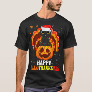 Camiseta Feliz Hallothanksmas Black Cat Papai noel Pumpkin
