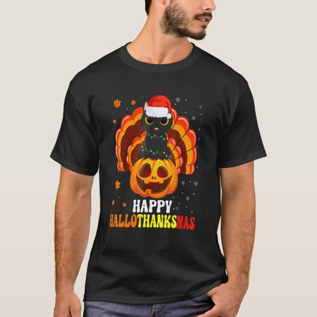 Camiseta Feliz Hallothanksmas Black Cat Papais noeis Pumpki (Frente)