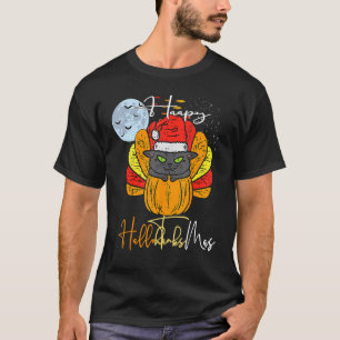 Camiseta Feliz Hallothanksmas Cat Halloween Ação de Graças 