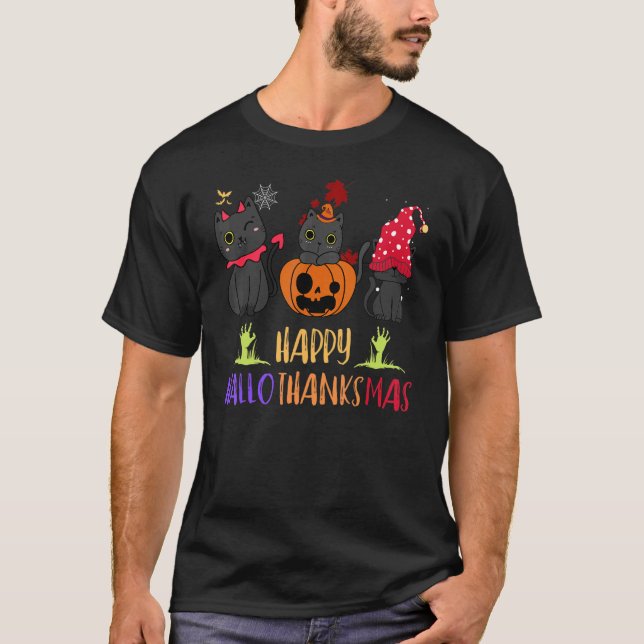 Camiseta Feliz Hallothanksmas Cat Vampire Santa Hat Pumpkin (Frente)