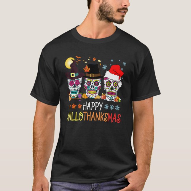 Camiseta Feliz Hallothanksmas Crânio de Açúcar Dia das Brux (Frente)