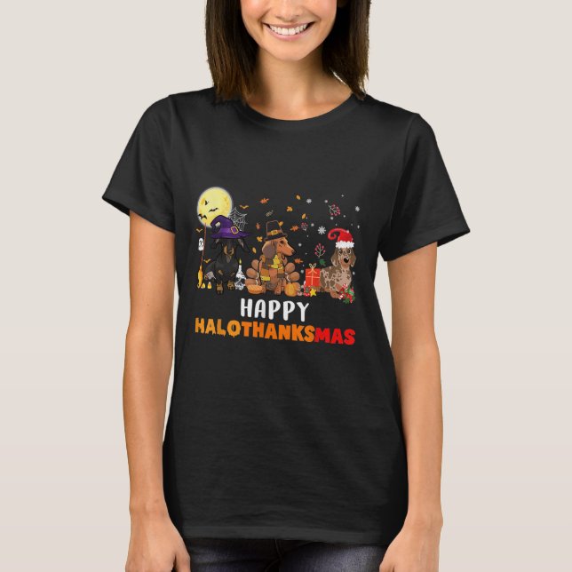 Camiseta Feliz Hallothanksmas Dachshund Dog Halloween (Frente)
