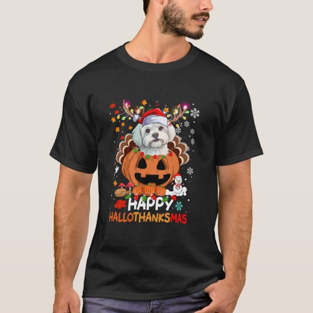 Camiseta Feliz Hallothanksmas Engraçado Cachorro Maltês Mal (Frente)
