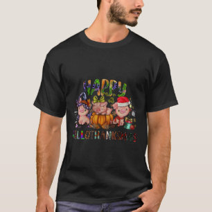 Camiseta Feliz Hallothanksmas Fazendinha de Porquinhos Fofo