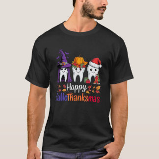Camiseta Feliz Hallothanksmas Fofo Dental Halloween Dia de 