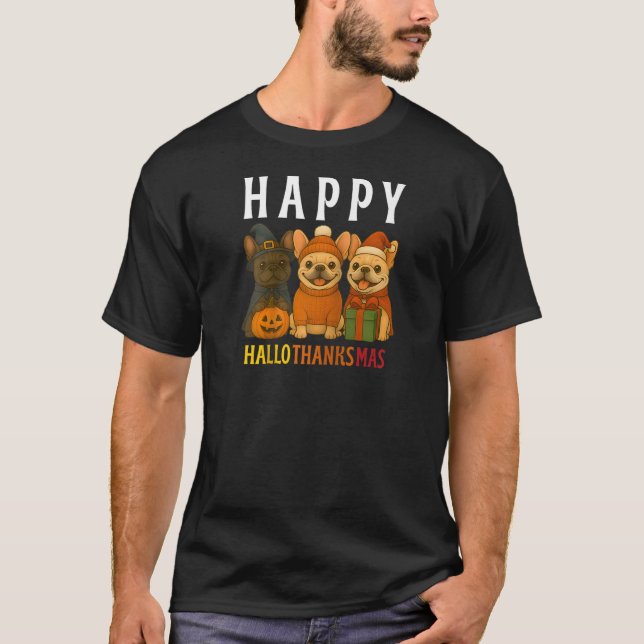 Camiseta Feliz Hallothanksmas Frenchie Cachorro-quente Fran (Frente)