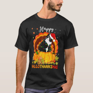 Camiseta Feliz Hallothanksmas Gato Preto Abóbora Chapéu do