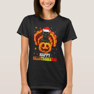 Camiseta Feliz Hallothanksmas Gato Preto Papai Noel Abóbora