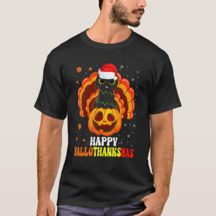 Camiseta Feliz Hallothanksmas Gato Preto Papai Noel Abóbora
