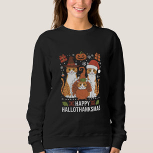 Camiseta Feliz Hallothanksmas Gatos Dia das Bruxas Natal