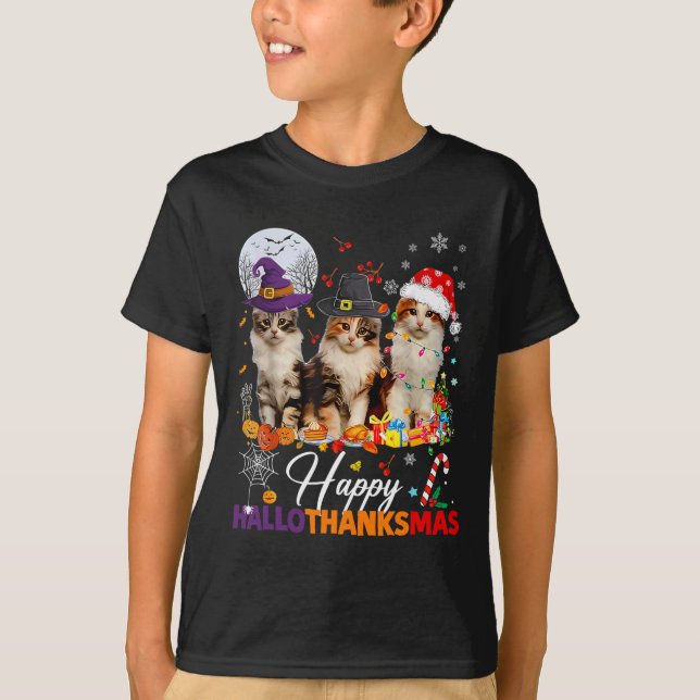Camiseta Feliz Hallothanksmas Gatos Fofos Felizes Dia das B (Frente)