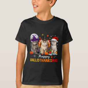Camiseta Feliz Hallothanksmas Gatos Halloween Dia de Ação d