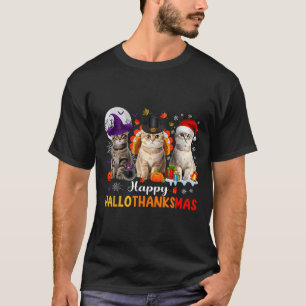 Camiseta Feliz Hallothanksmas Gatos Halloween Dia de Ação d