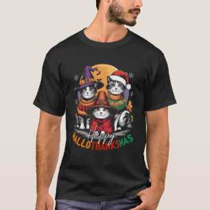 Camiseta Feliz HalloThanksMas Halloween, Natal, Dia de Ação