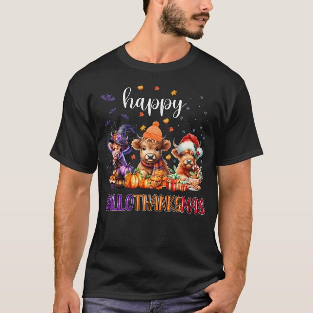 Camiseta Feliz Hallothanksmas Highland Cow Feliz Halloween (Frente)
