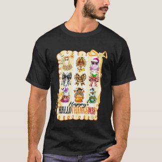Camiseta Feliz Hallothanksmas Laço Coquete de Halloween Açã