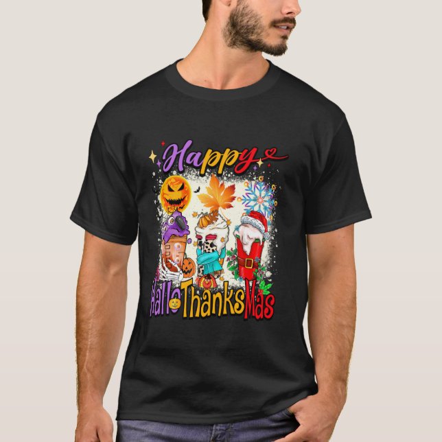 Camiseta Feliz Hallothanksmas Latte Halloween Ação de Graça (Frente)
