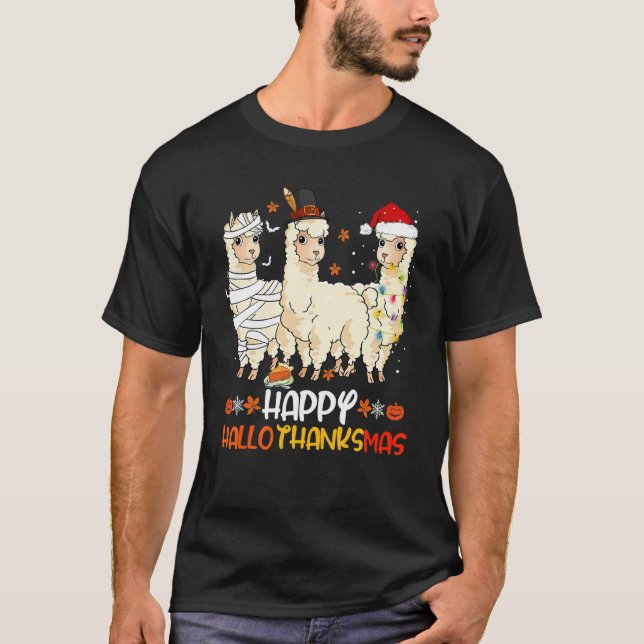 Camiseta Feliz Hallothanksmas Lhamas Fofo Peru Thanksgiving (Frente)