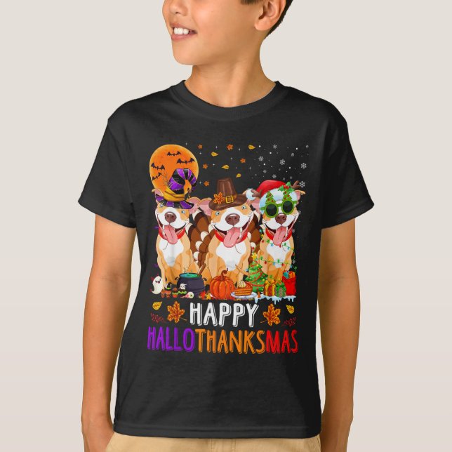 Camiseta Feliz Hallothanksmas Pitbull Cão Halloween (Frente)