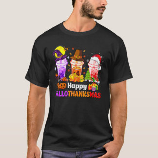 Camiseta Feliz Hallothanksmas Três Boba Tea Bruxa Santa Ha