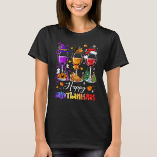 Camiseta Feliz Hallothanksmas Vinho Vidro Bruxa Noel Hat