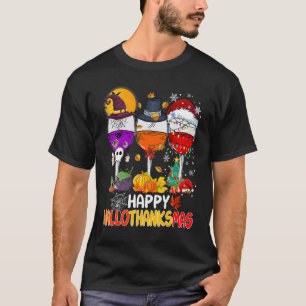 Camiseta Feliz Hallothanksmas Vinho Vidro Bruxa Noel Hat
