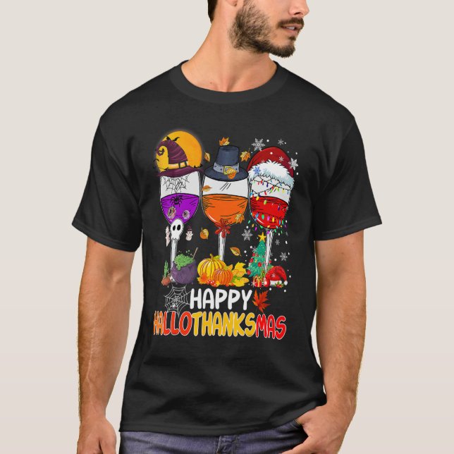 Camiseta Feliz Hallothanksmas Vinho Vidro Bruxa Noel Hat (Frente)