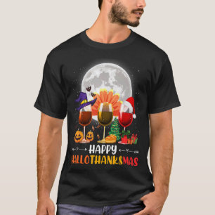 Camiseta Feliz Hallothanksmas Vinho Vidro Bruxa Noel Hat