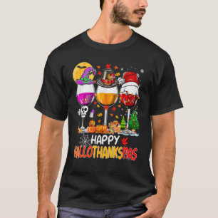 Camiseta Feliz Hallothanksmas Vinho Vidro Bruxa Noel Hat