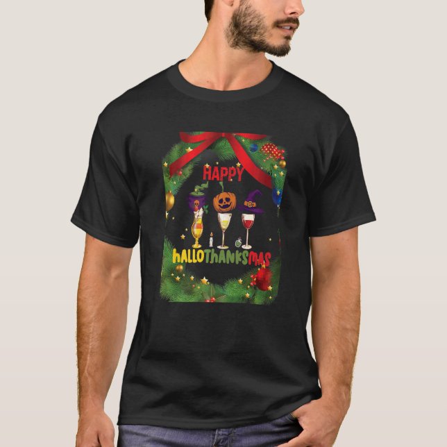 Camiseta Feliz Hallothanksmas Vinho Vidro Bruxa Noel Hat (Frente)