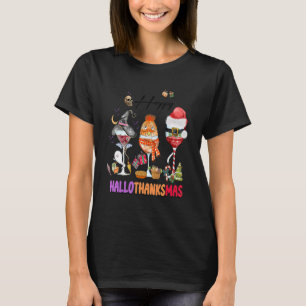 Camiseta Feliz Hallothanksmas Vinho Vidro Bruxa Noel Hat