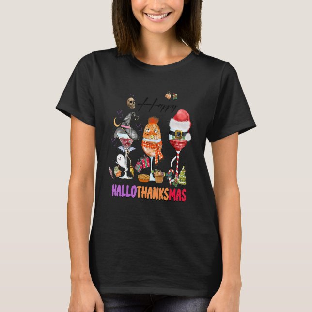 Camiseta Feliz Hallothanksmas Vinho Vidro Bruxa Noel Hat (Frente)