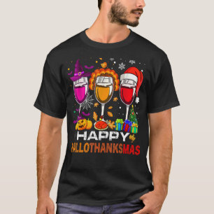 Camiseta Feliz Hallothanksmas Vinho Vidro Bruxa Noel Hat