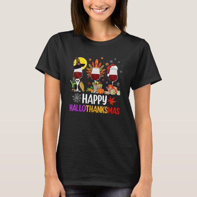 Camiseta Feliz Hallothanksmas Vinho Vidro Bruxa Noel Hat (Frente)