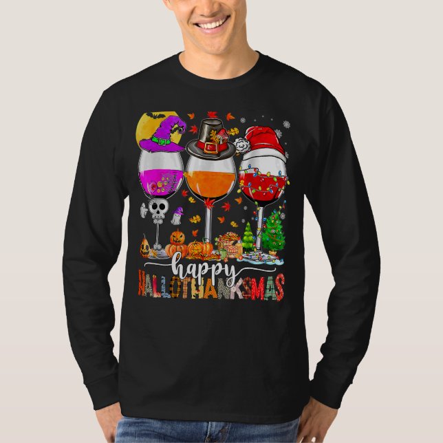 Camiseta Feliz Hallothanksmas Vinho Vidro Bruxa Noel Hat (Frente)