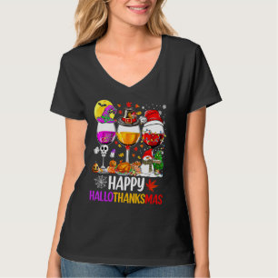 Camiseta Feliz Hallothanksmas Vinho Vidro Bruxa Noel Hat