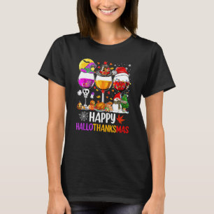 Camiseta Feliz Hallothanksmas Vinho Vidro Bruxa Noel Hat