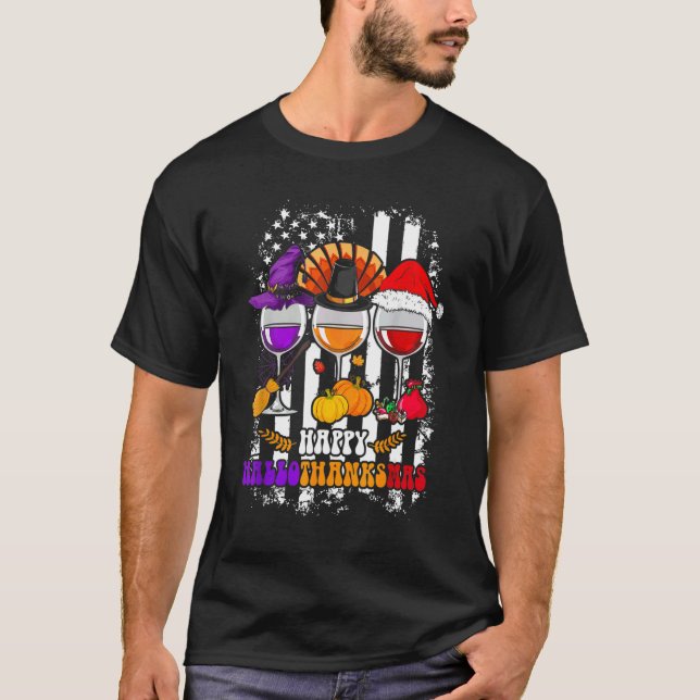 Camiseta Feliz Hallothanksmas Vinho Vidro Bruxa Noel Hat (Frente)