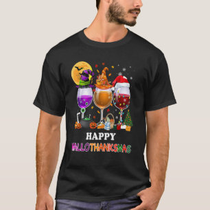Camiseta Feliz Hallothanksmas Vinho Vidro Bruxa Noel Hat