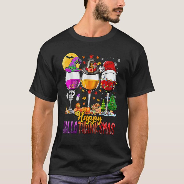 Camiseta Feliz Hallothanksmas Vinho Vidro Papais noeis de B (Frente)