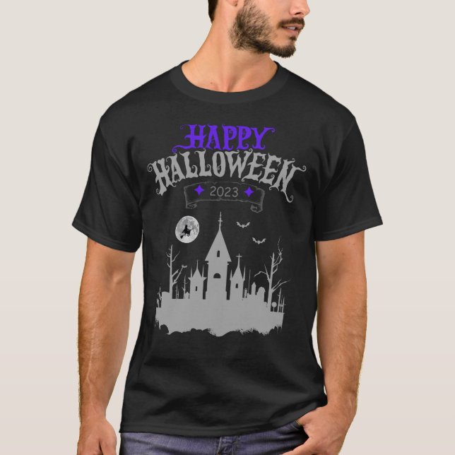Camiseta Feliz Halloween 2023 Design da Igreja Spooky (Frente)