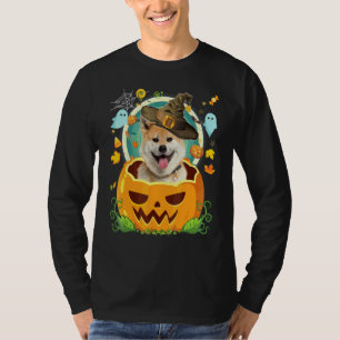 Camiseta Feliz Halloween Abóbora Akita Inu Cão Bruxa Cute C