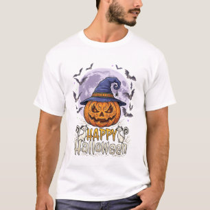 Camiseta Feliz Halloween Abóbora Bruxa Chapéu Morcegos Lua 