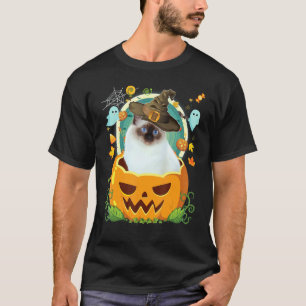 Camiseta Feliz Halloween Abóbora Gato Birmanês Bruxa Chapéu